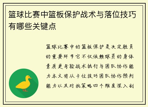 篮球比赛中篮板保护战术与落位技巧有哪些关键点